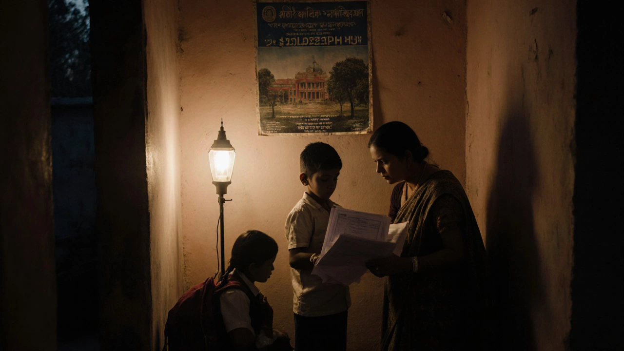 A child in a modest village home prepares financial documents for a need-based scholarship application.