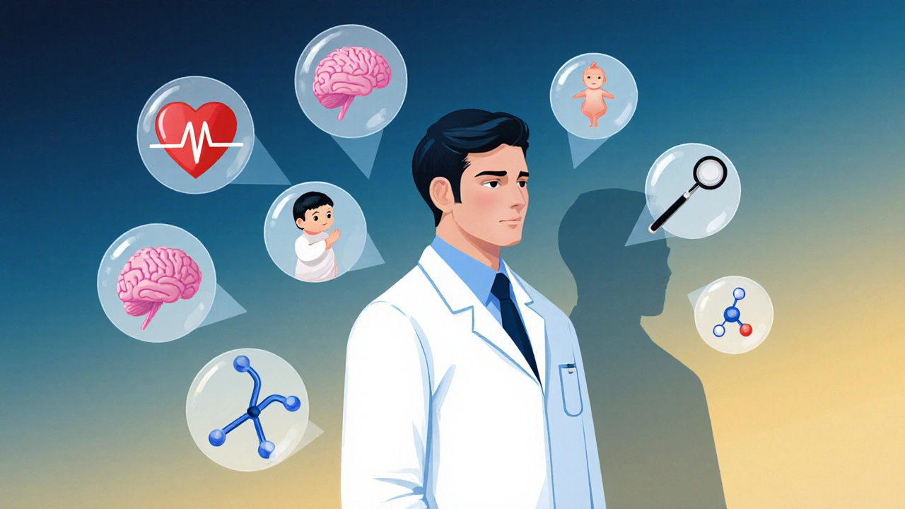 A doctor surrounded by floating icons representing medical specializations, symbolizing personal choice.