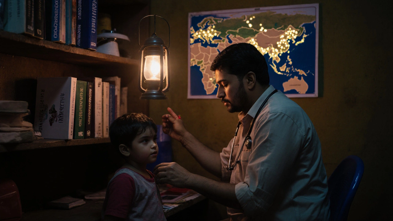 A rural physician examining a child at dusk, with a map showing underserved areas in the background.