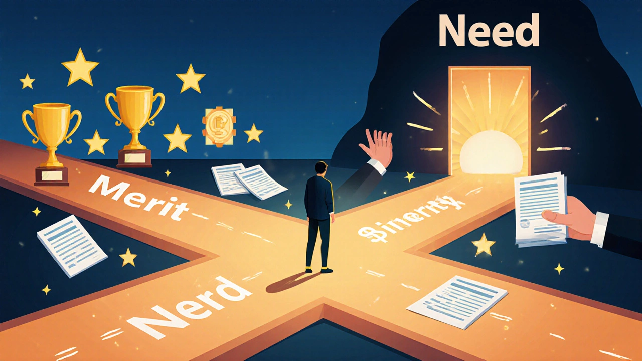 A symbolic path splits into merit and need, both leading to a university doorway with glowing light.