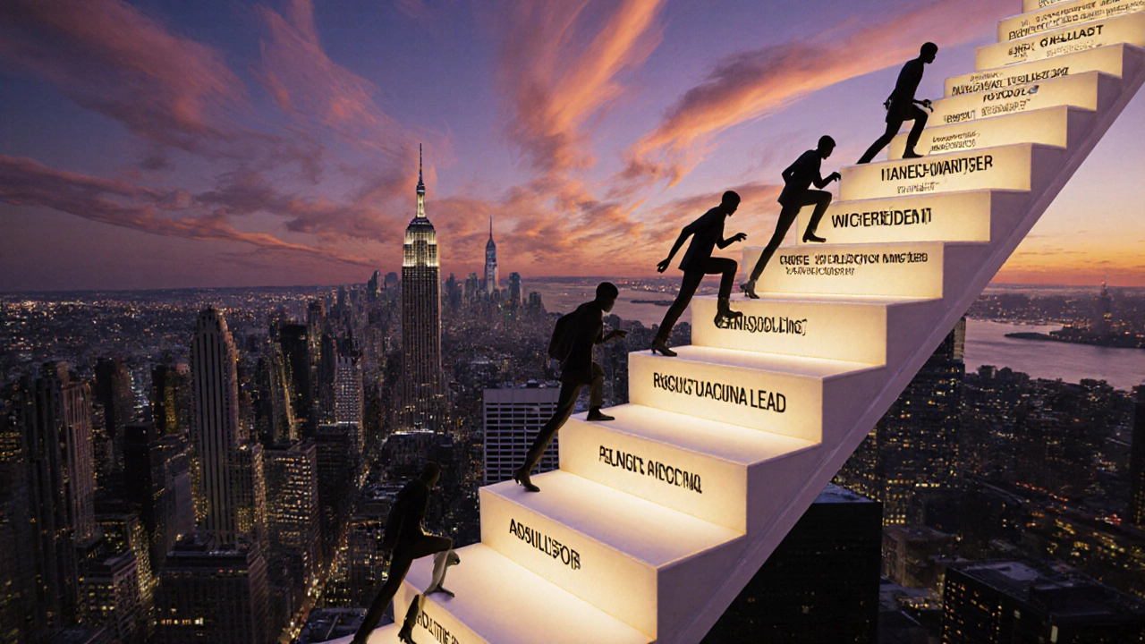 Career ladder with labeled steps rising against a dusk city skyline.