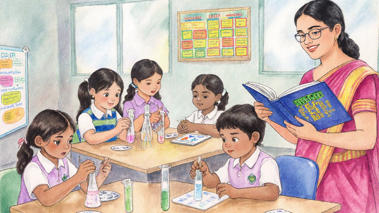 CBSE primary classroom with kids doing experiments, math puzzles, and storytelling.