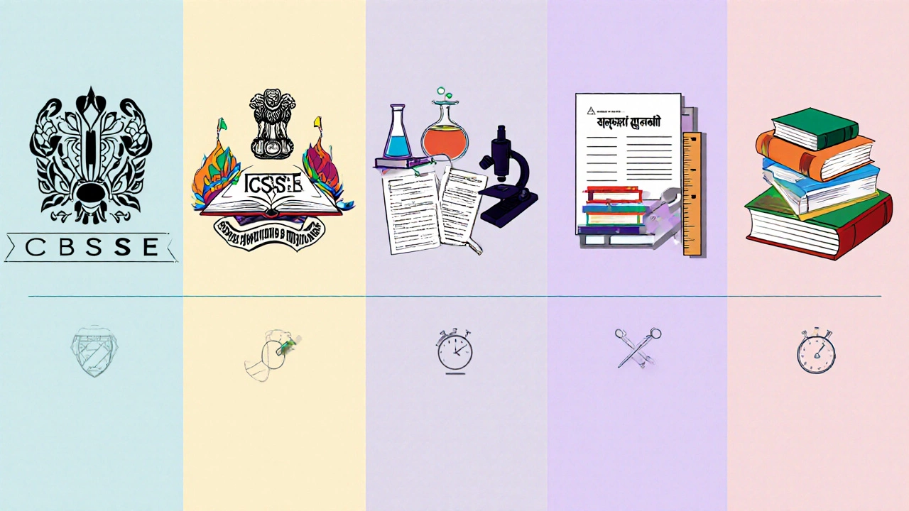 Collage illustrating six Indian education boards with symbols and visual cues of difficulty.