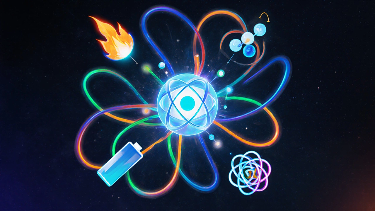 Colorful illustration of interconnected chemistry concepts like energy, reaction rates, and atoms.