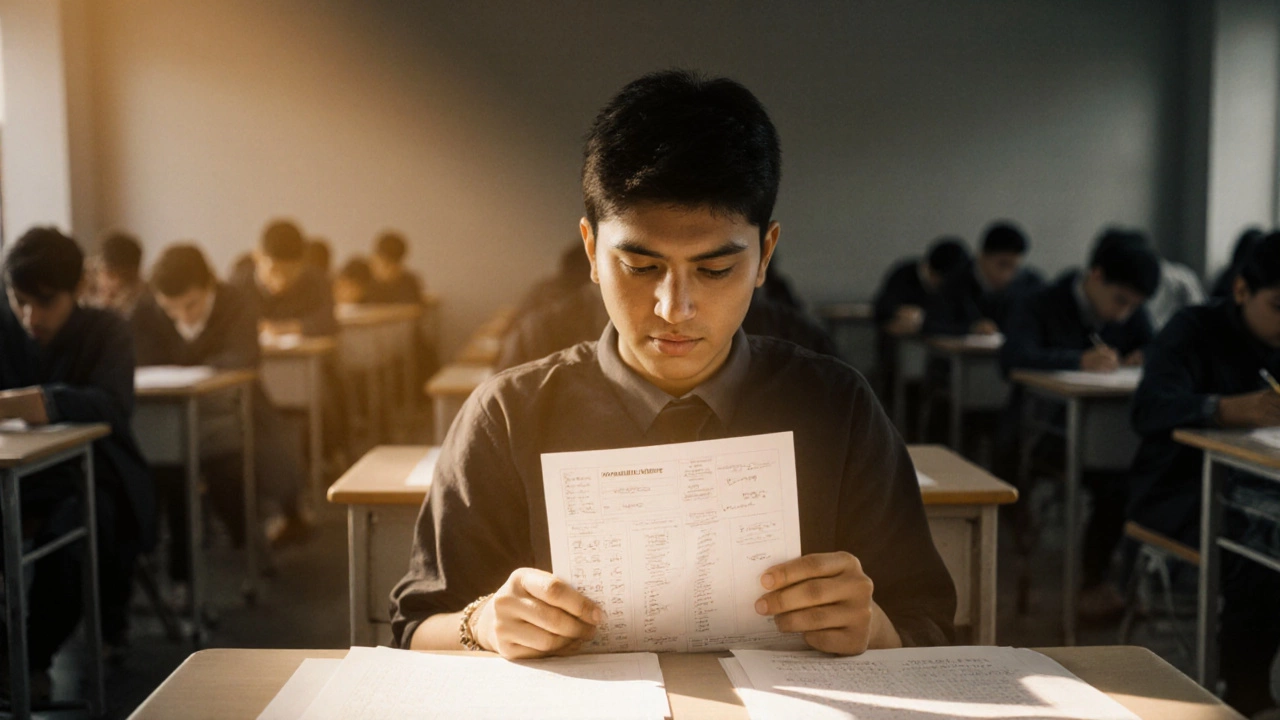 Confident exam taker holding a notebook with formulas in a JEE exam hall.