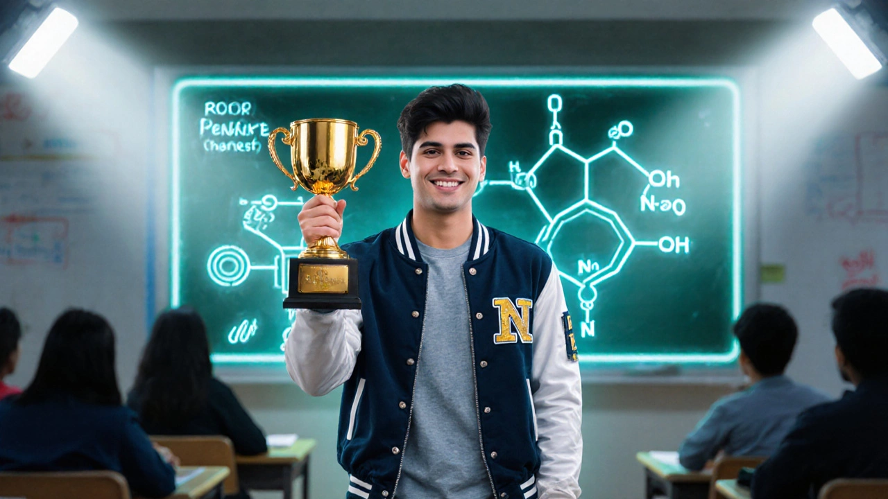 Confident student holding a trophy in front of a glowing chemistry chalkboard.
