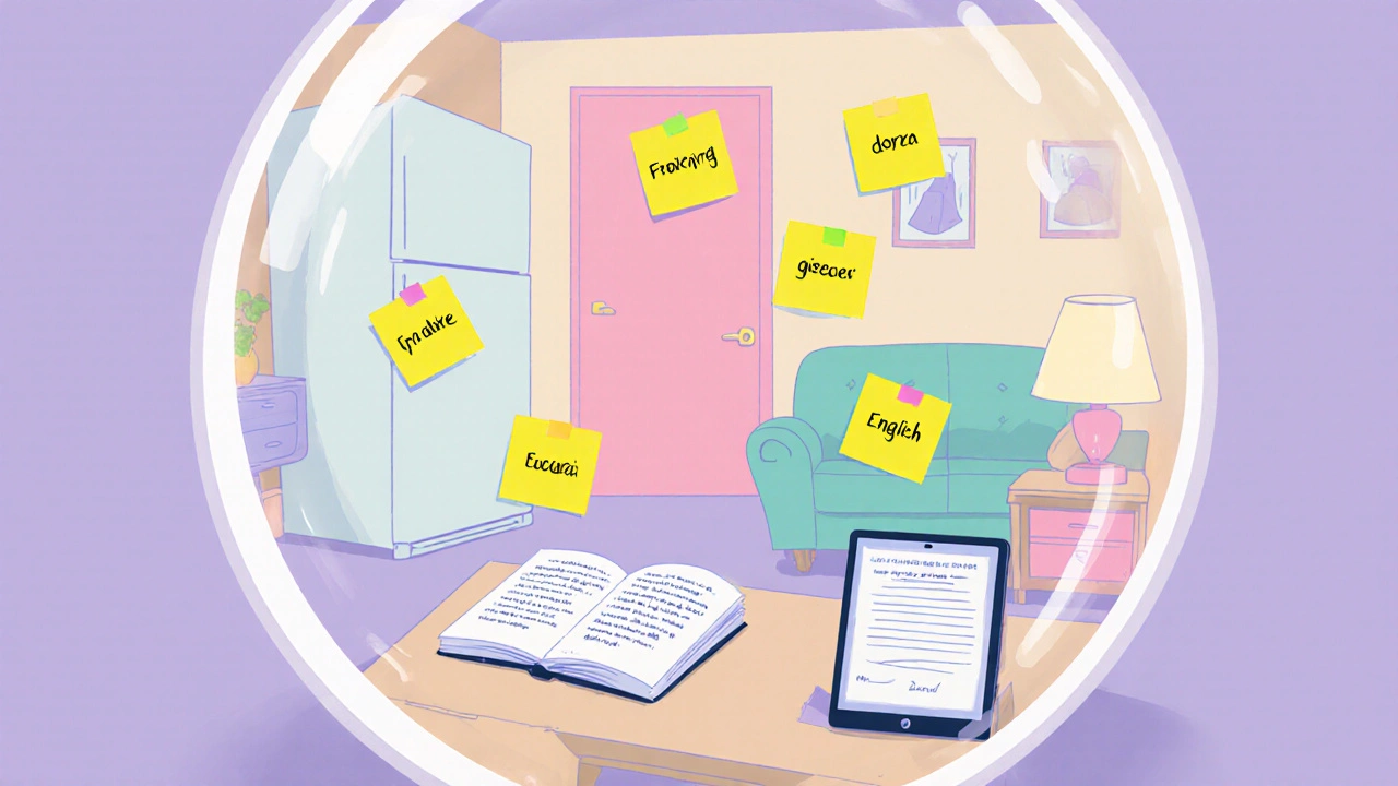 Cozy room with English sticky notes, tablet language settings, and a notebook.