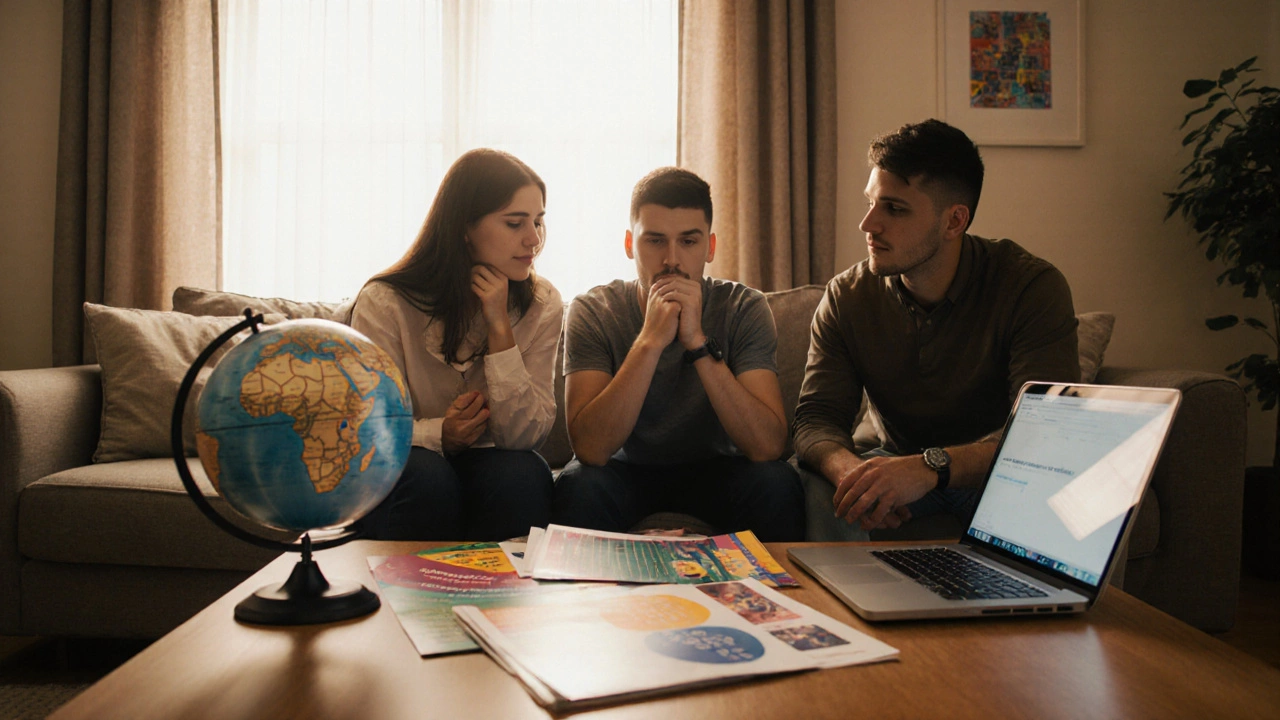 Family reviewing educational brochures and a globe at a table, deciding on a school board.