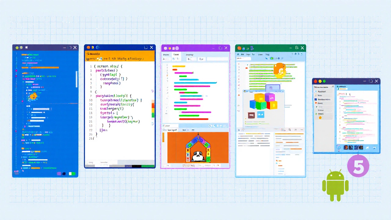 Five-panel illustration of Python, JavaScript, Scratch, HTML/CSS, and Java coding environments.