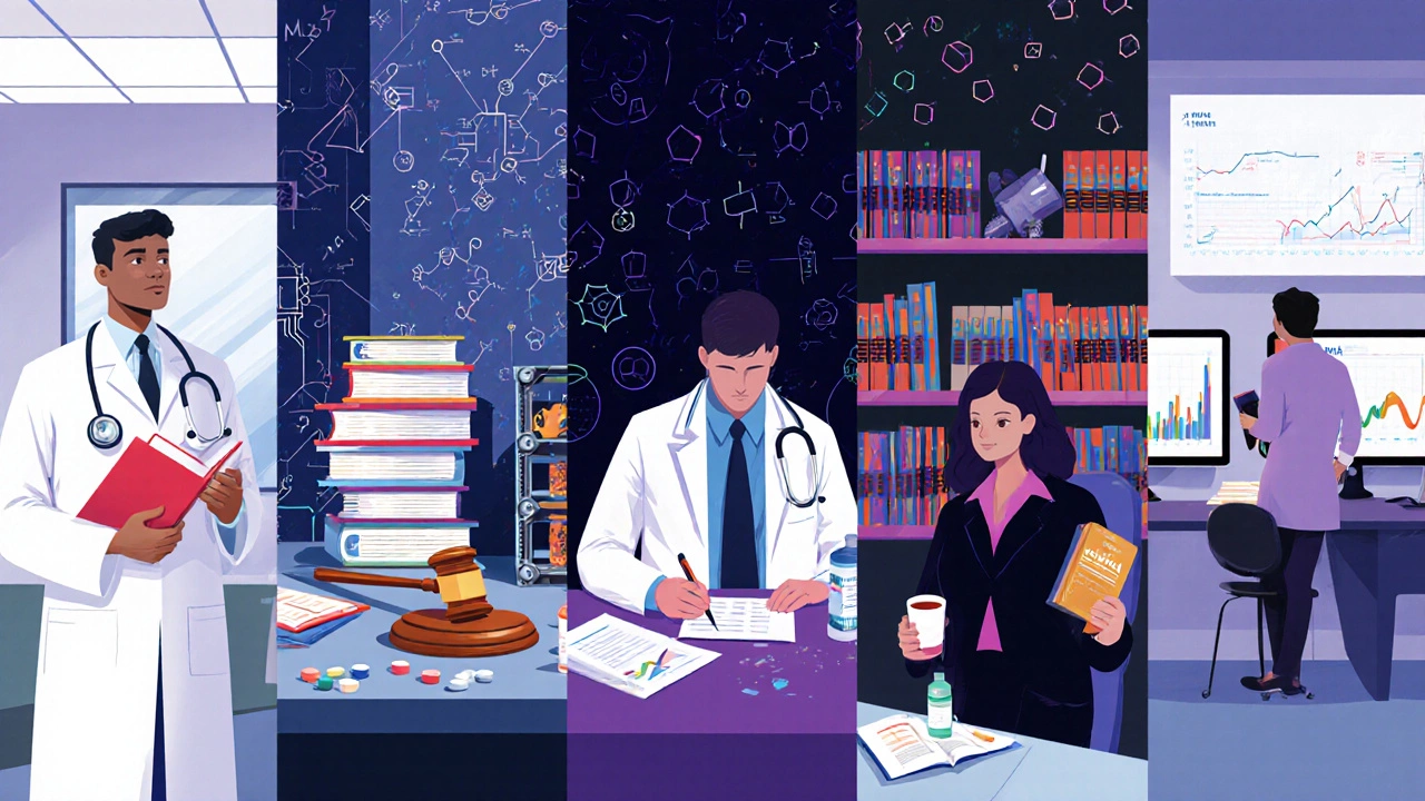 Five panels showing medical, engineering, law, MBA, and pharmacy students in their study settings.