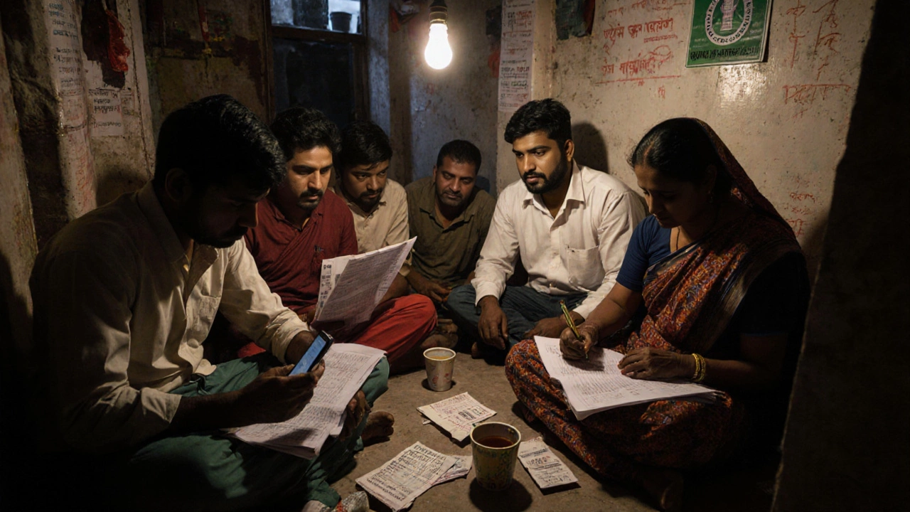 Group of rural candidates studying together in a small shop for RRB Group D exam.