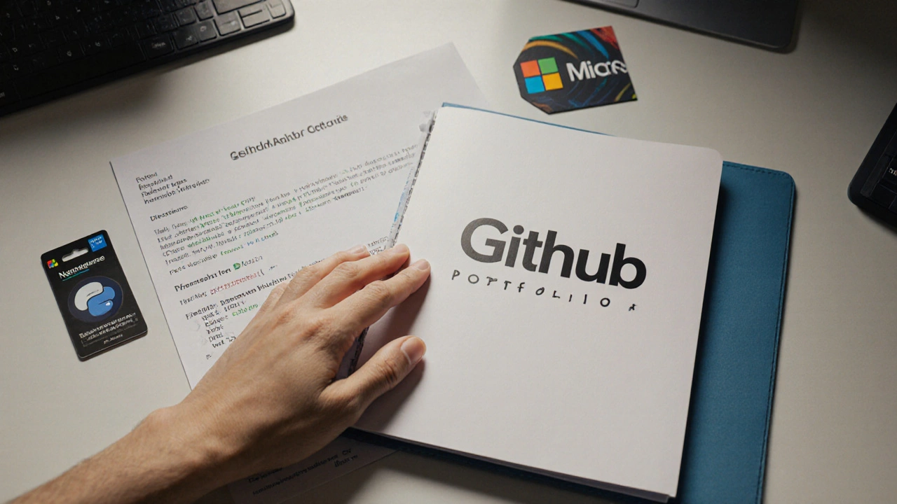 Hand placing completed portfolio on desk beside a job offer letter and coding badges.