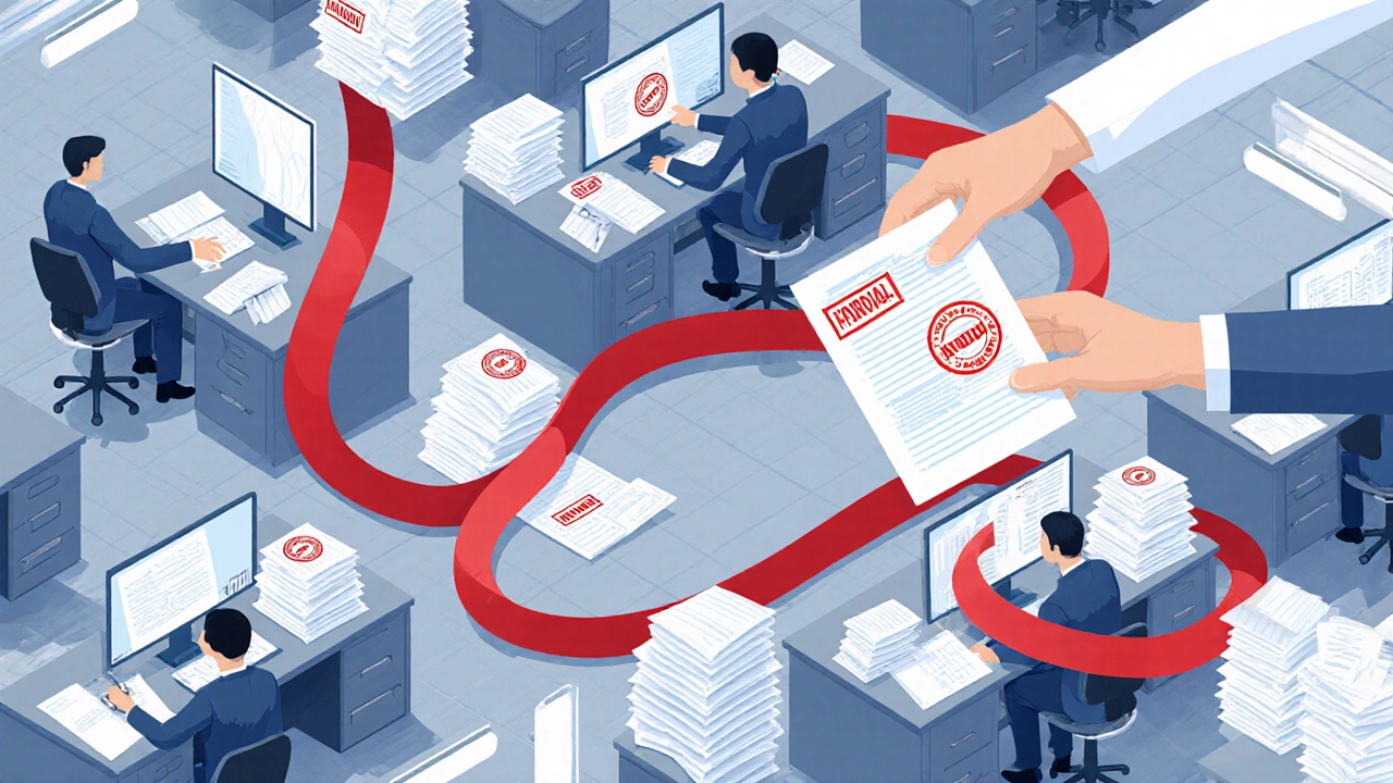 Hands passing a stamped document through officials with red tape winding around paperwork.