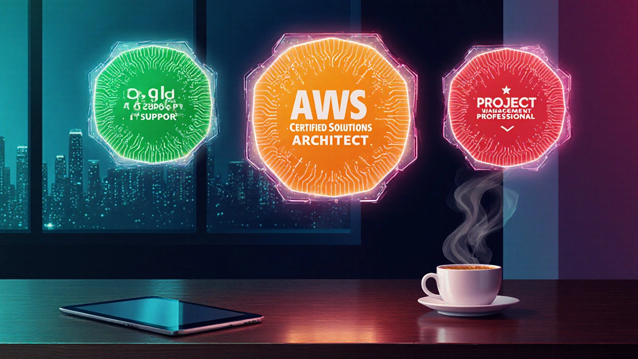 Holographic Google IT, AWS, and PMP certificates displayed on a modern desk.