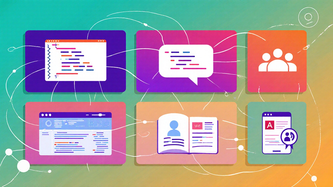Illustrated collage of seven coding platform UI elements connected by lines.