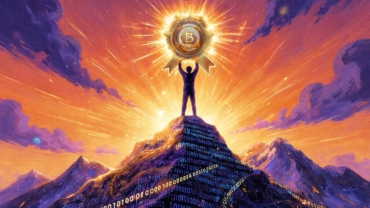 Individual celebrating on a digital mountain holding a glowing certification trophy at sunrise.