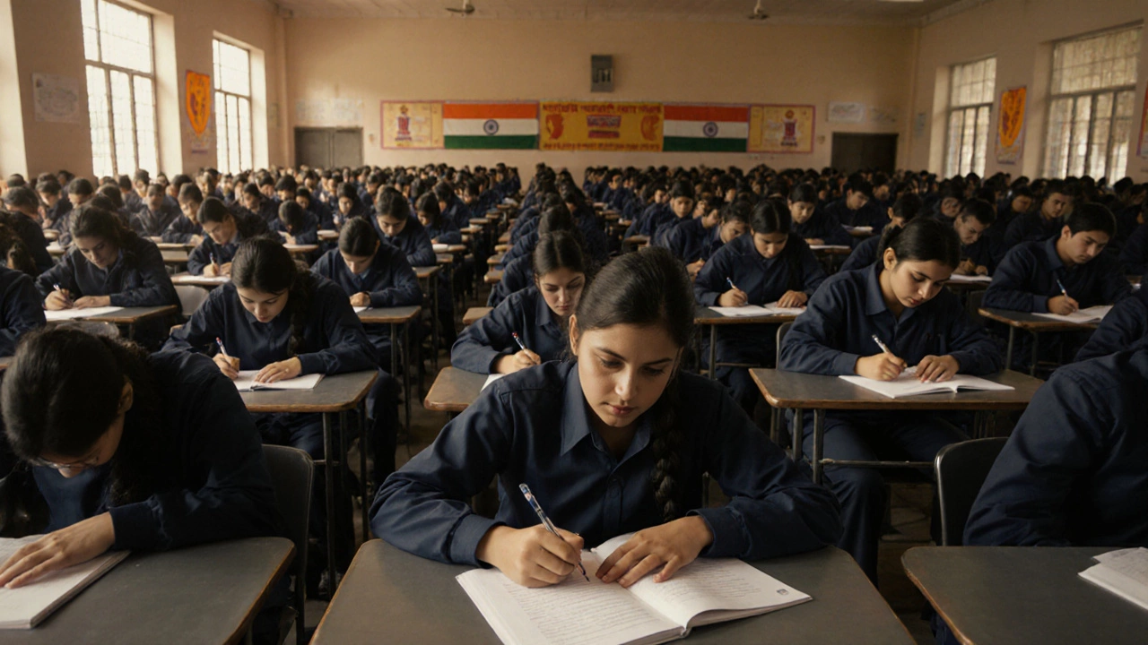 Large Indian school auditorium filled with students taking CBSE exams under warm lighting.