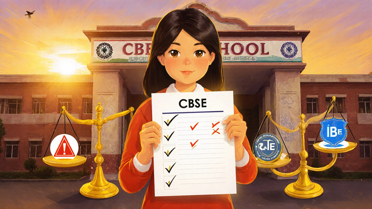 Parent holding a checked checklist in front of school entrance with balanced board symbols.