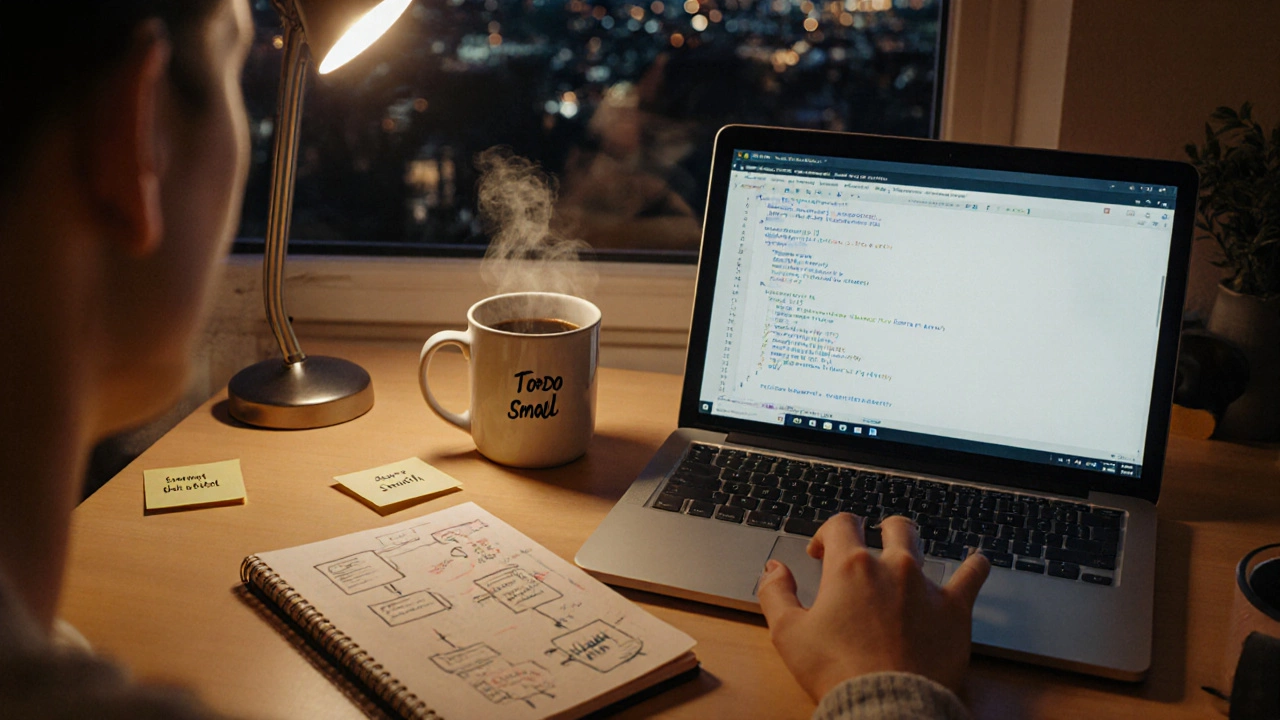Person coding a simple to‑do list app at a desk with coffee and motivational notes.