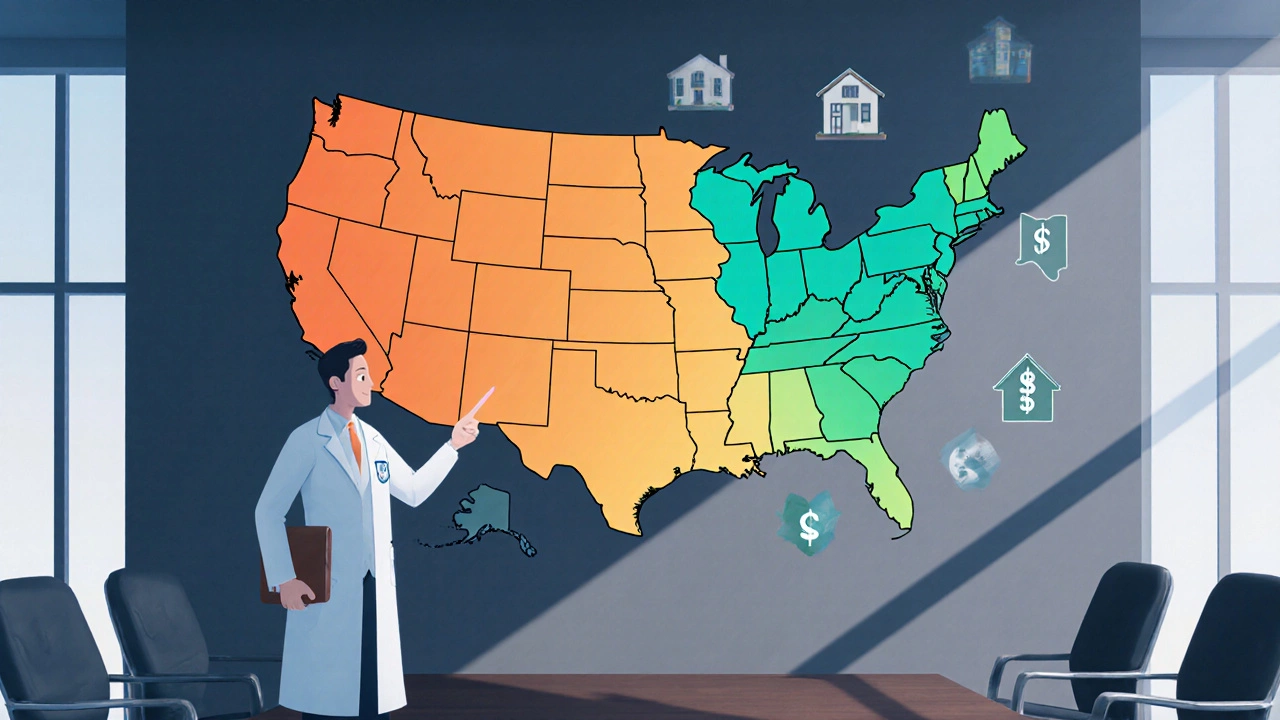 Physician pointing at a U.S. map colored by purchasing power and cost of living.