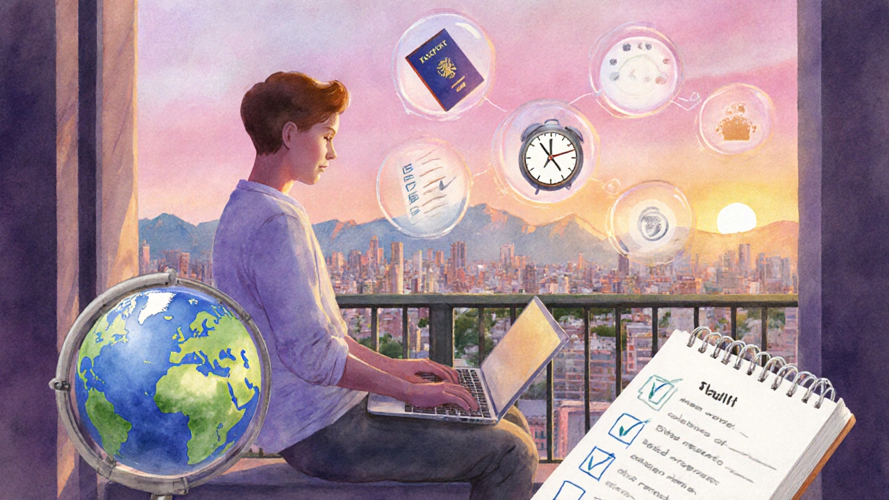 Remote developer on balcony with laptop, sunrise, and icons of travel and flexibility.