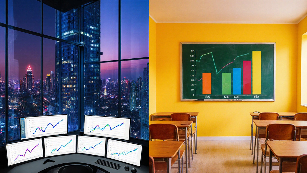 Side‑by‑side view of a modern metro coaching office and a modest Tier‑2 classroom showing salary contrast.