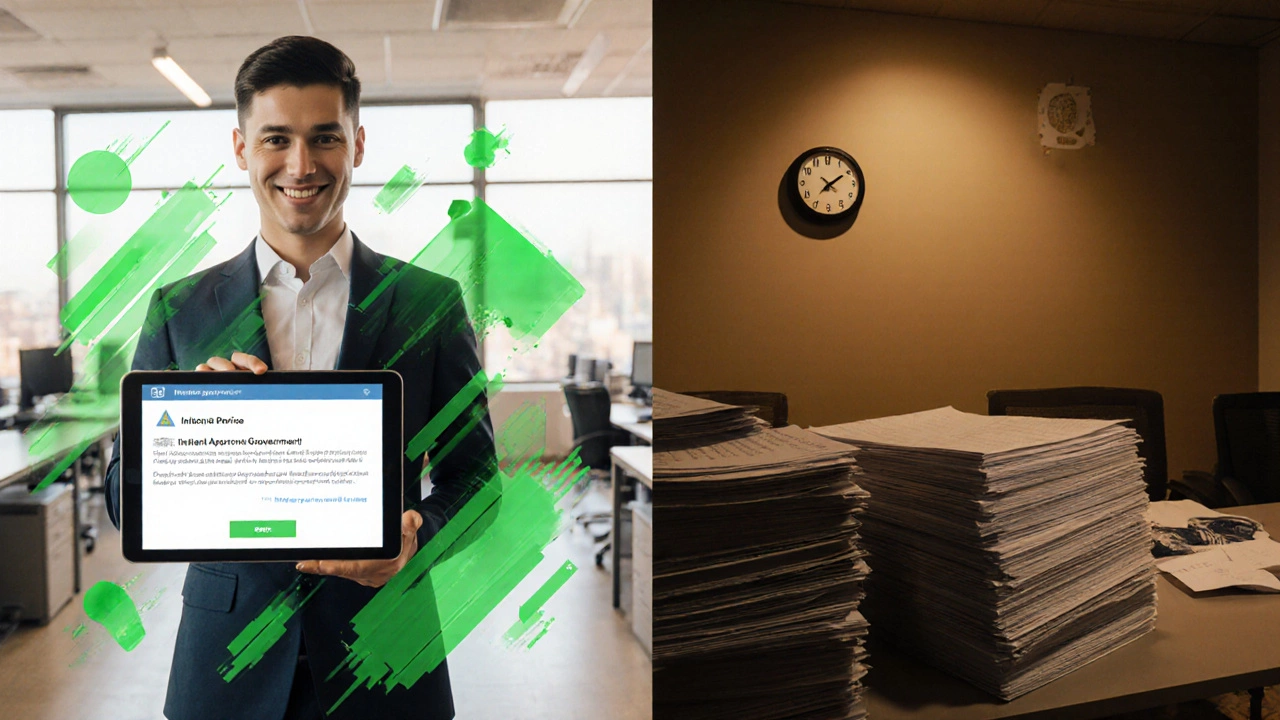 Split scene showing fast private‑sector approval versus slow government paperwork.