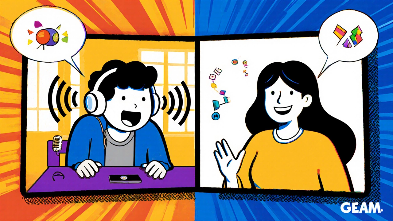 Split‑screen illustration of two people video‑chatting to practice speaking.