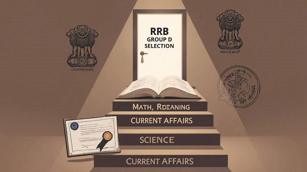 Staircase of study subjects leading to a glowing RRB Group D selection door.