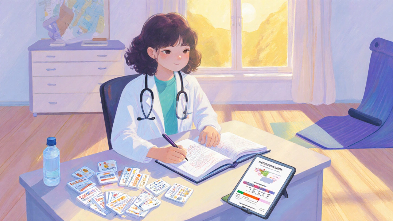 Student reviewing flashcards and mock exam in a sunlit room with wellness items.