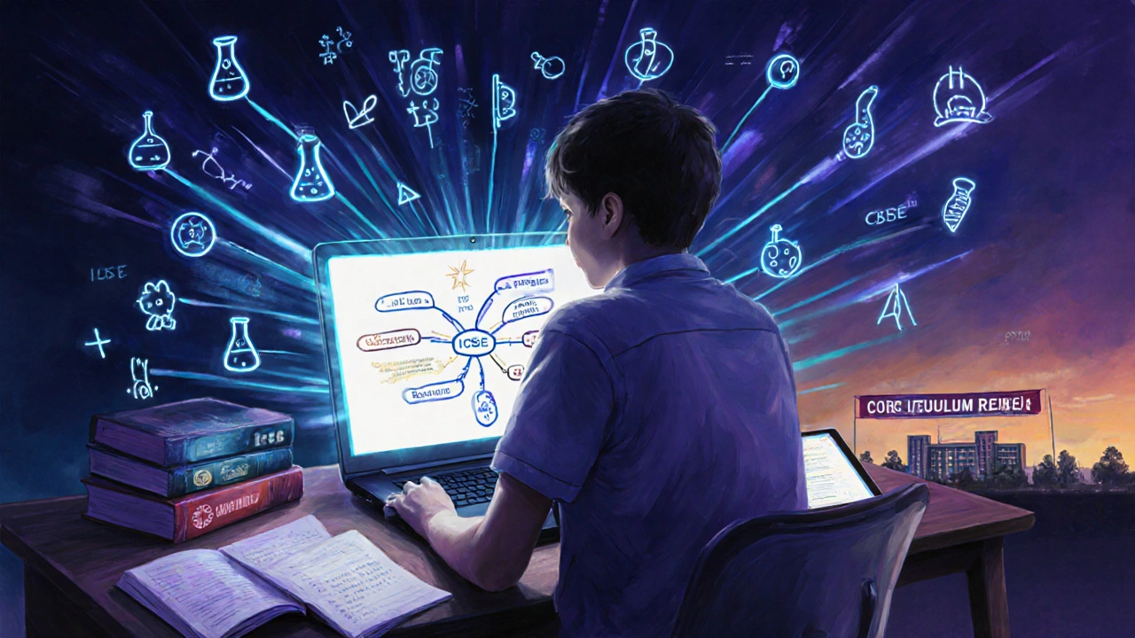 Student studying late with textbooks, digital mind map, and glowing concept icons, hinting at future reforms.