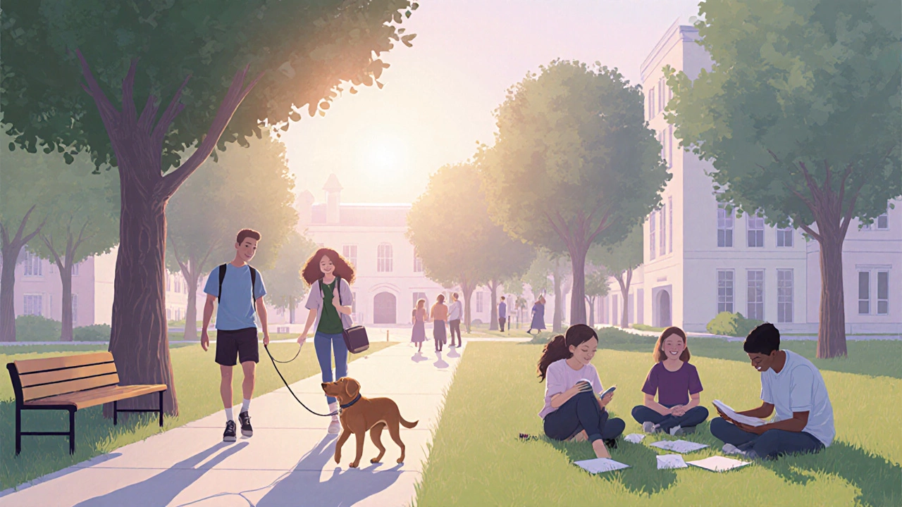 Students practicing mindfulness and relaxation in a sunny campus courtyard.