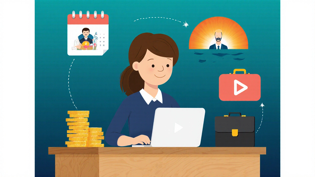 Teacher at home using a laptop surrounded by icons for tutoring, online courses, and consultancy.