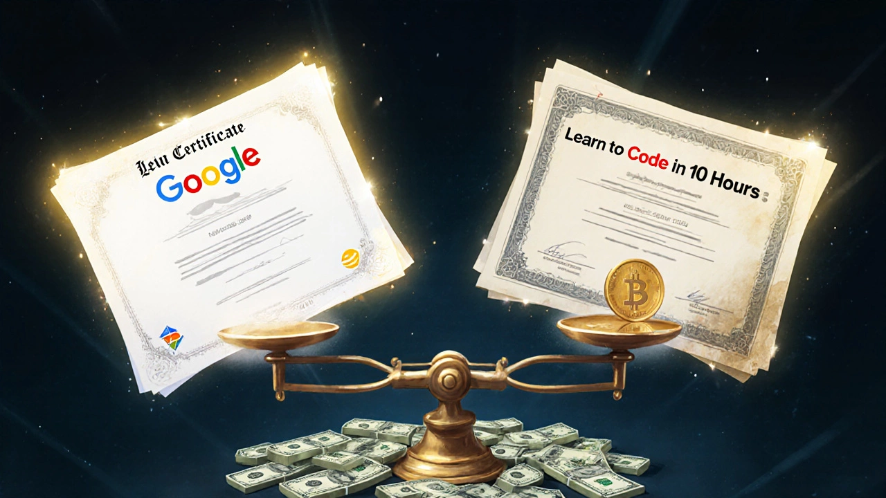 Three certificates on a scale, one heavy with job offers, the other barely lifting a coin.