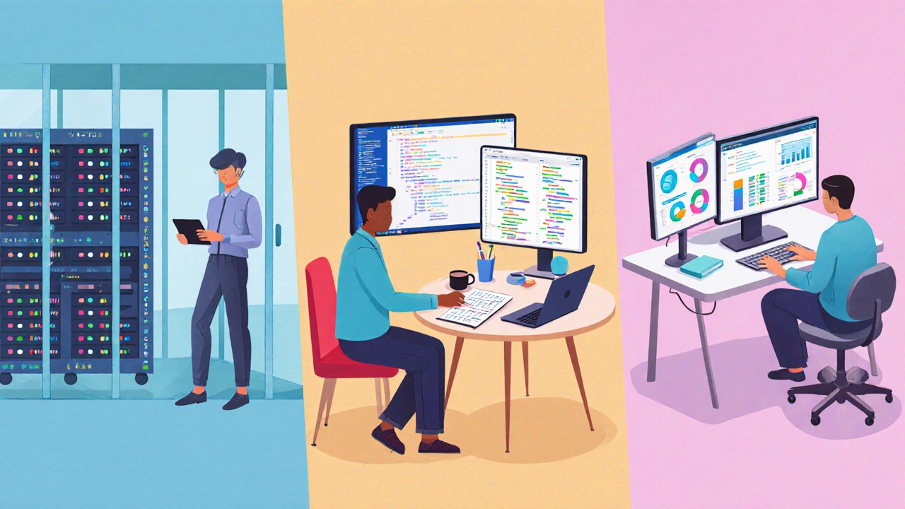 Three coders: engineer in server room, web developer in cafe, data scientist at home.