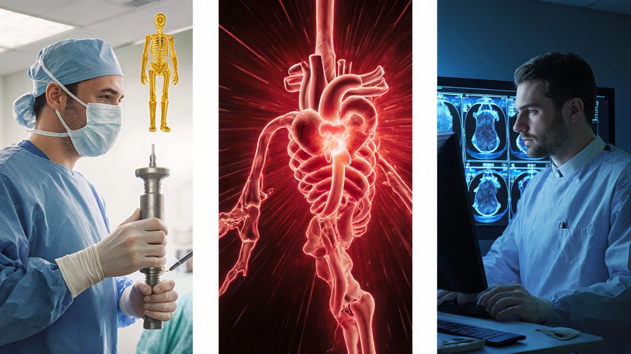Three doctors representing orthopedics, cardiology, and radiology with glowing salary auras.