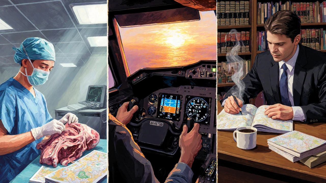 Three intense study scenes: anatomy lab, cockpit sunrise, law library.