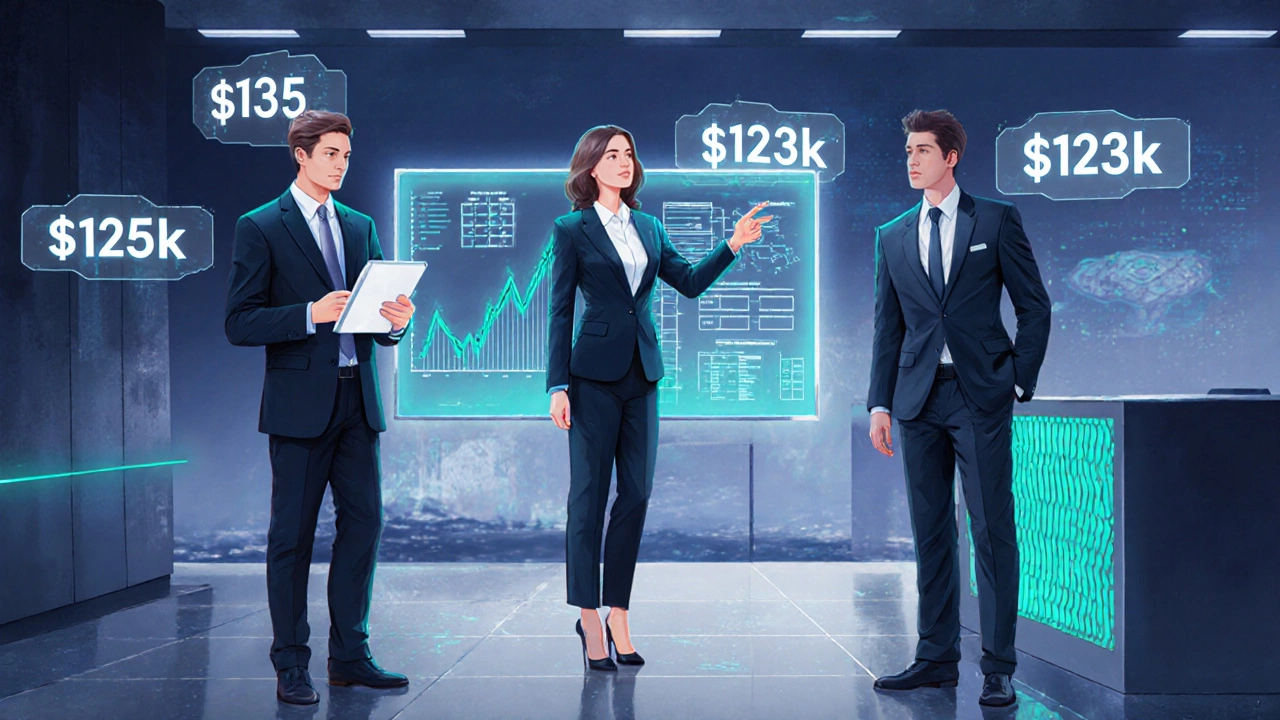 Three professionals representing finance, consulting, and tech with glowing salary figures.