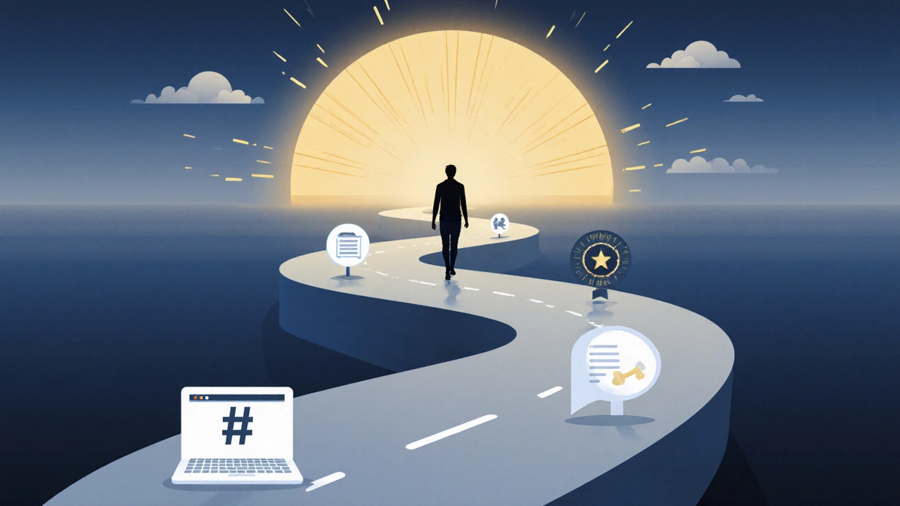 Winding road with milestone icons showing a 30‑day coding journey toward a bright horizon.