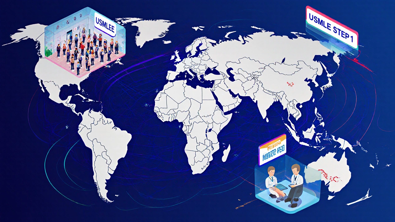 World map showing exam halls for USMLE, NEET‑PG, PLAB, MCCQE, and AMC.