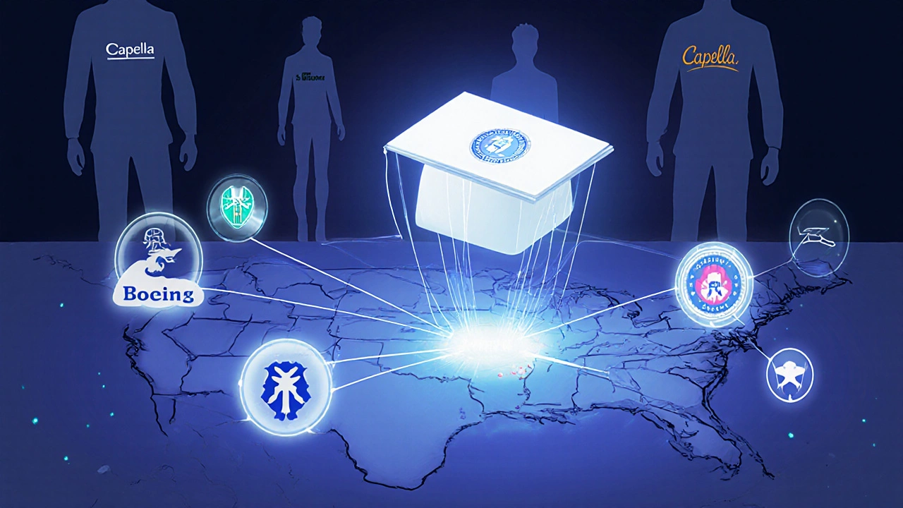 A glowing diploma above a U.S. map with employer icons, while lesser-known schools fade away.