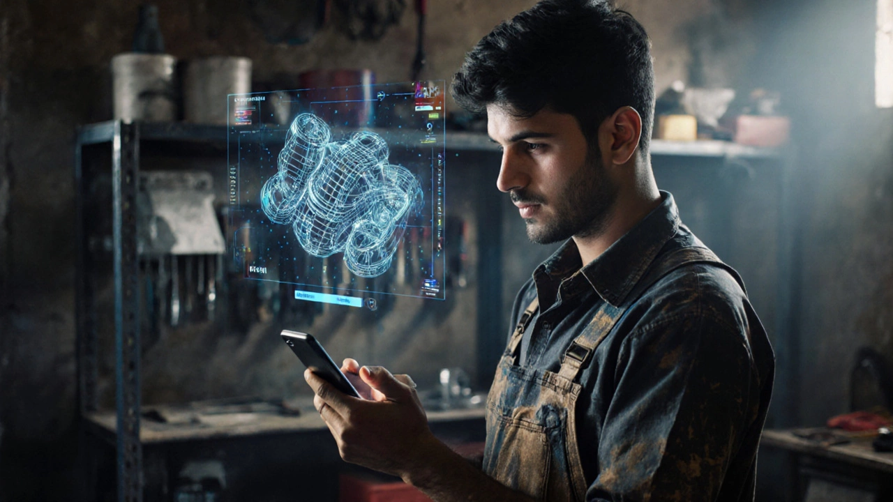 A mechanic learning CAD design on a smartphone in his workshop with a floating 3D model.