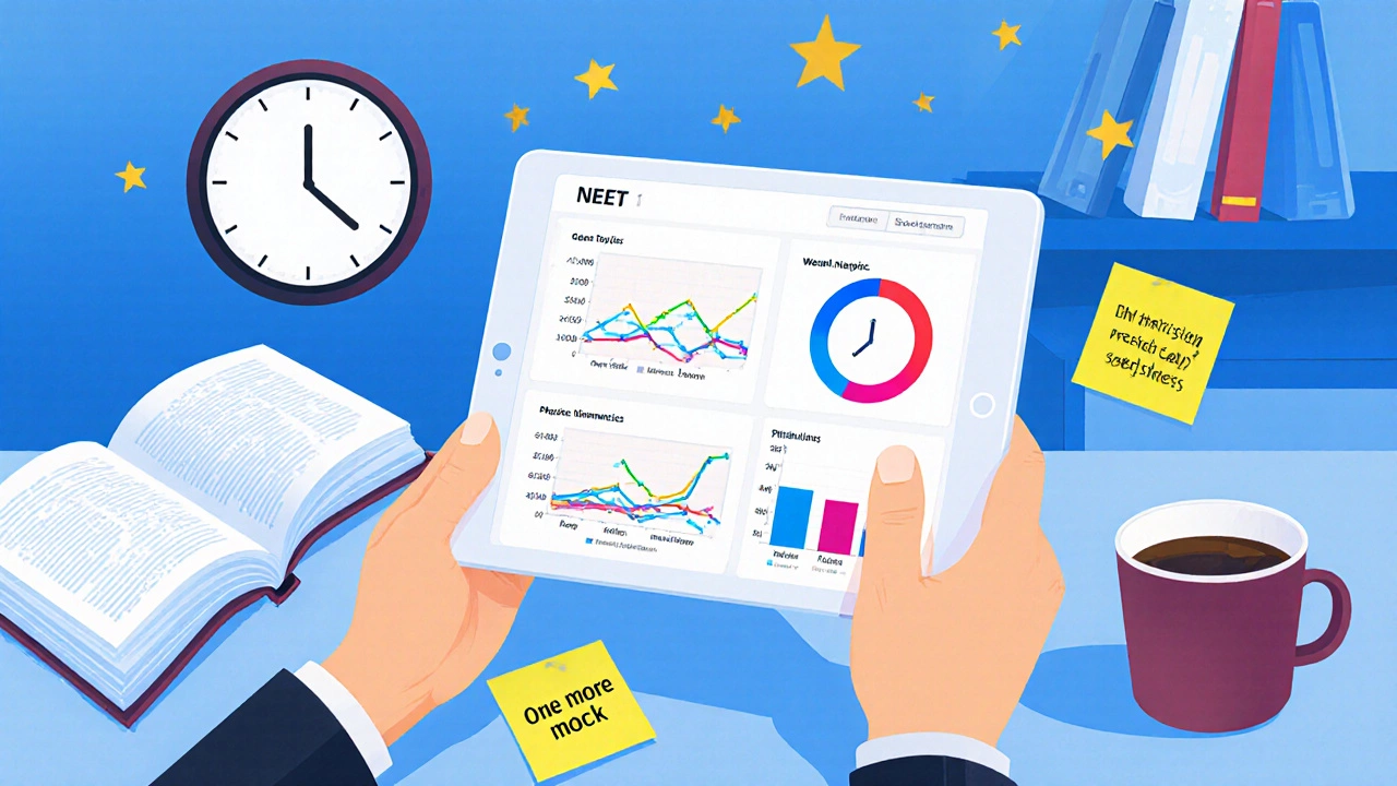 A student reviewing AI-generated NEET performance analysis on a tablet late at night with NCERT books nearby.