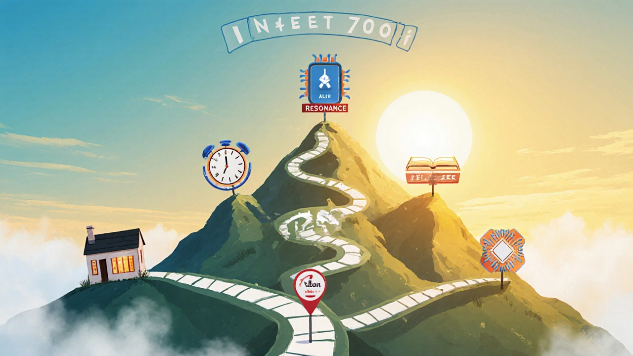 A symbolic mountain path with five coaching institutes as checkpoints leading to a NEET 700+ summit under sunrise.