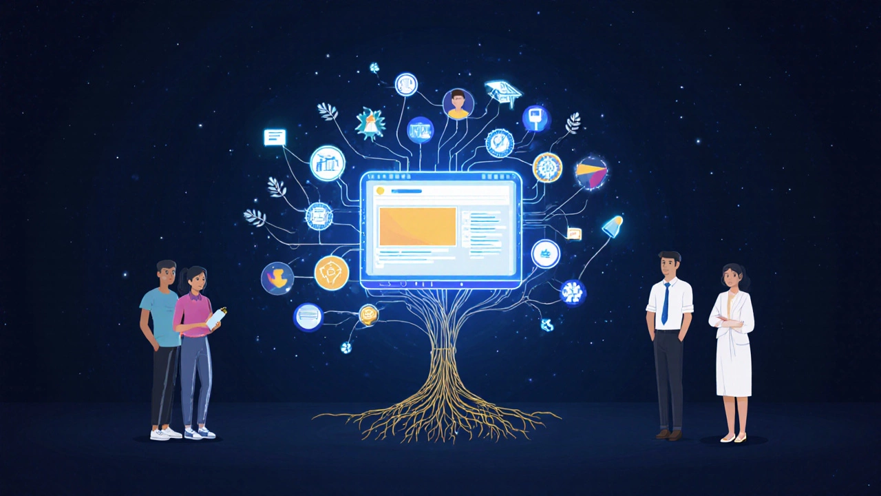 A tree-shaped e-platform connecting learners worldwide with certificates and AI feedback.