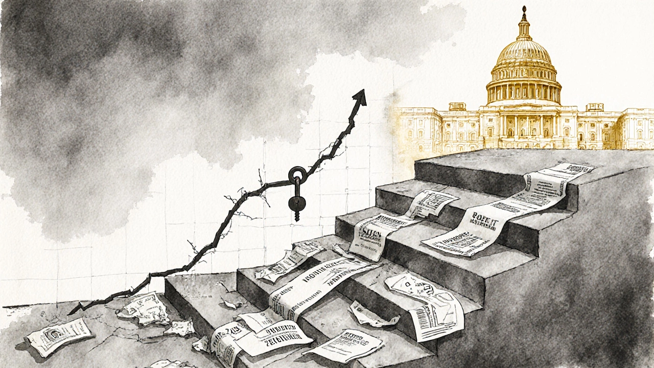 Abstract image of credit recovery leading to a government building with a key.