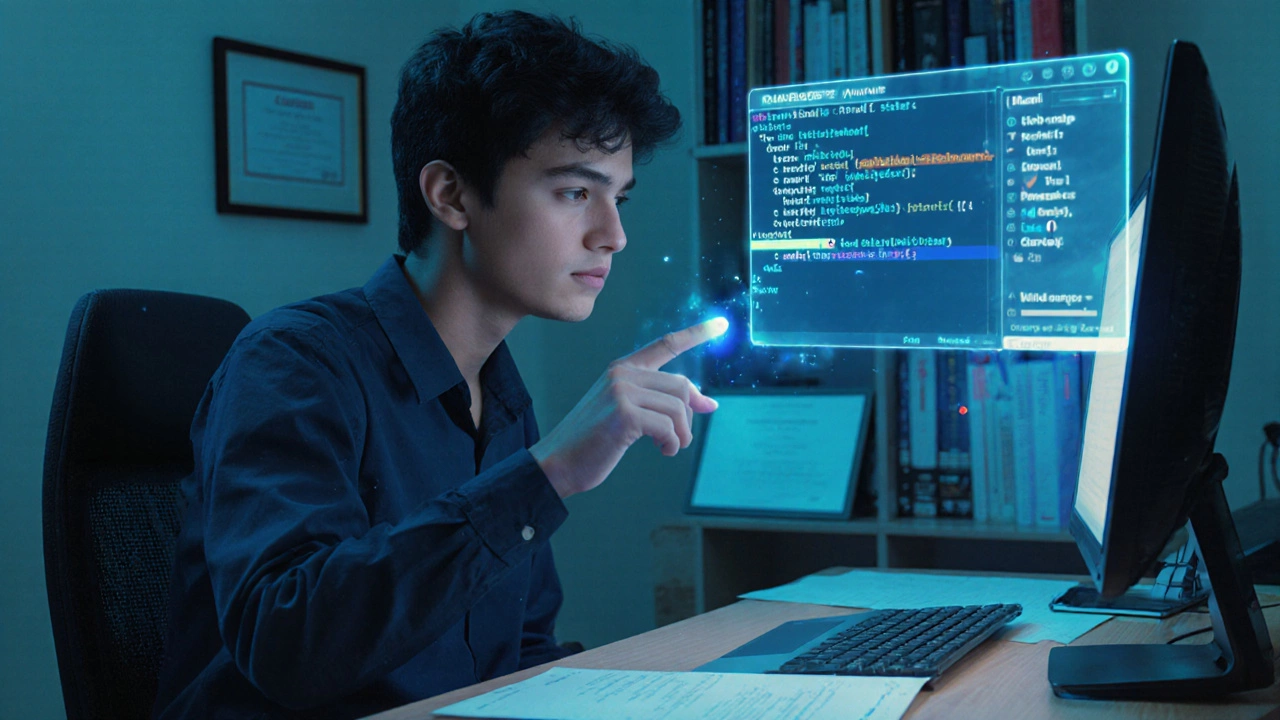AI tutor assisting a student with coding feedback, glowing progress tips floating above a desk in India.