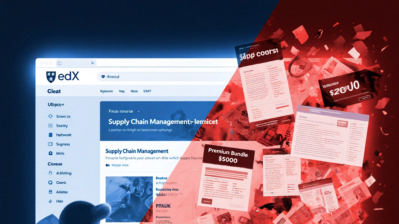 Contrasting eLearning interfaces: clean academic platform vs. cluttered sales-heavy site with pop-ups.