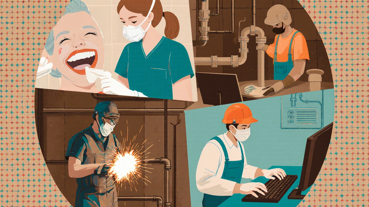 Diverse group of skilled workers performing hands-on jobs like welding and dental care.