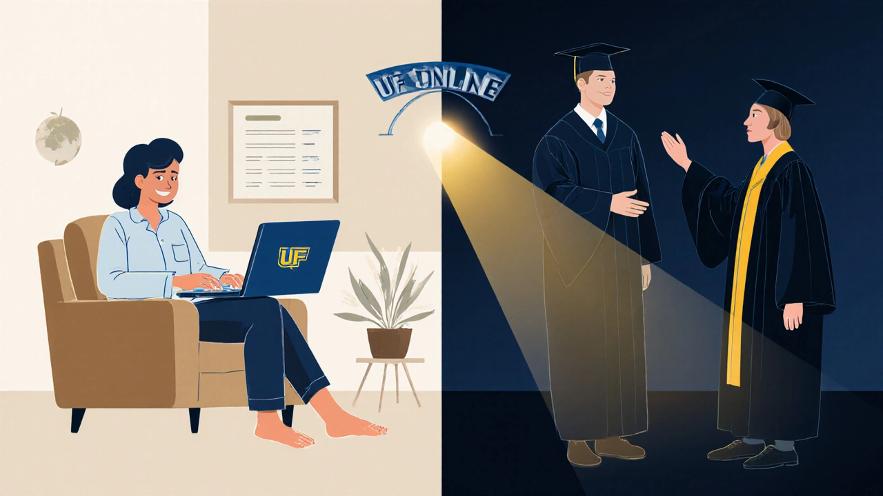 Split-screen of a student learning online and graduating, connected by a golden light bridge.
